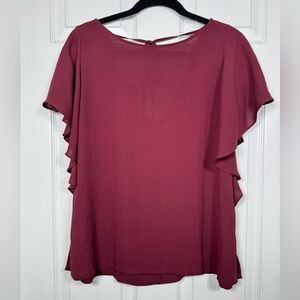LOFT Flutter Sleeve Blouse Burgundy Tie Back Top Size M